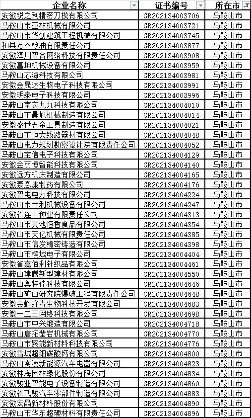 馬鞍山市高新技術(shù)企業(yè)名單