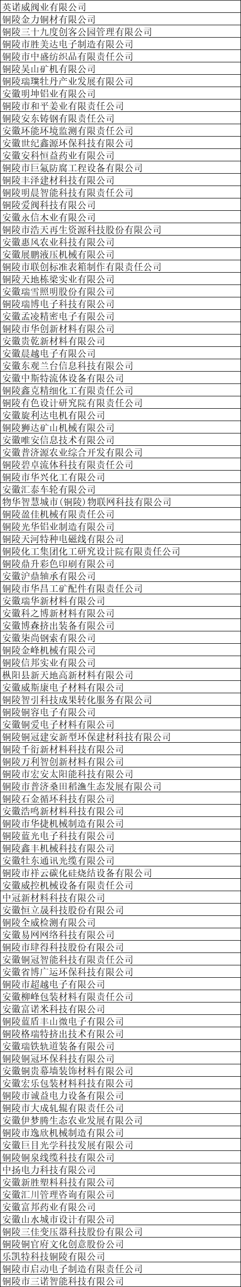 銅陵市高新技術(shù)企業(yè)名單